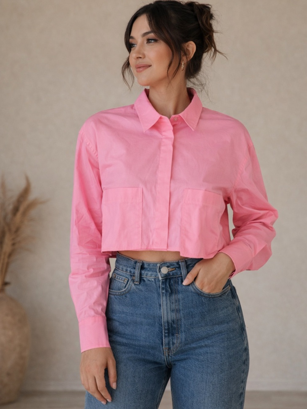 Zara Cropped Button-Down Shirt - Pink